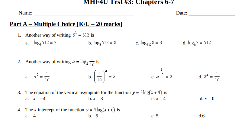 MHF40 Test #3: Chapters 6-7 Name: Date: Part A -