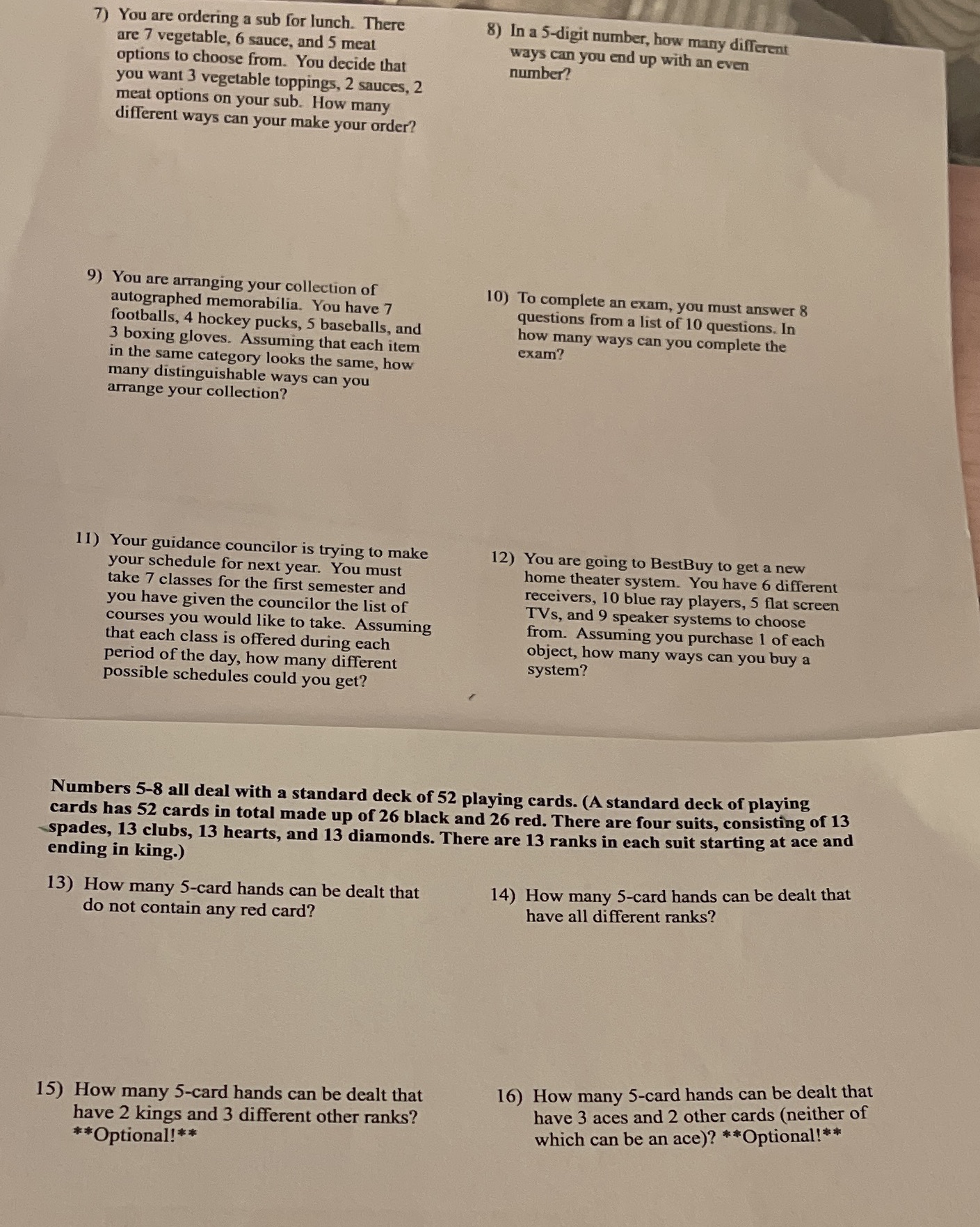 For questions 7-12 Describe how many possible
