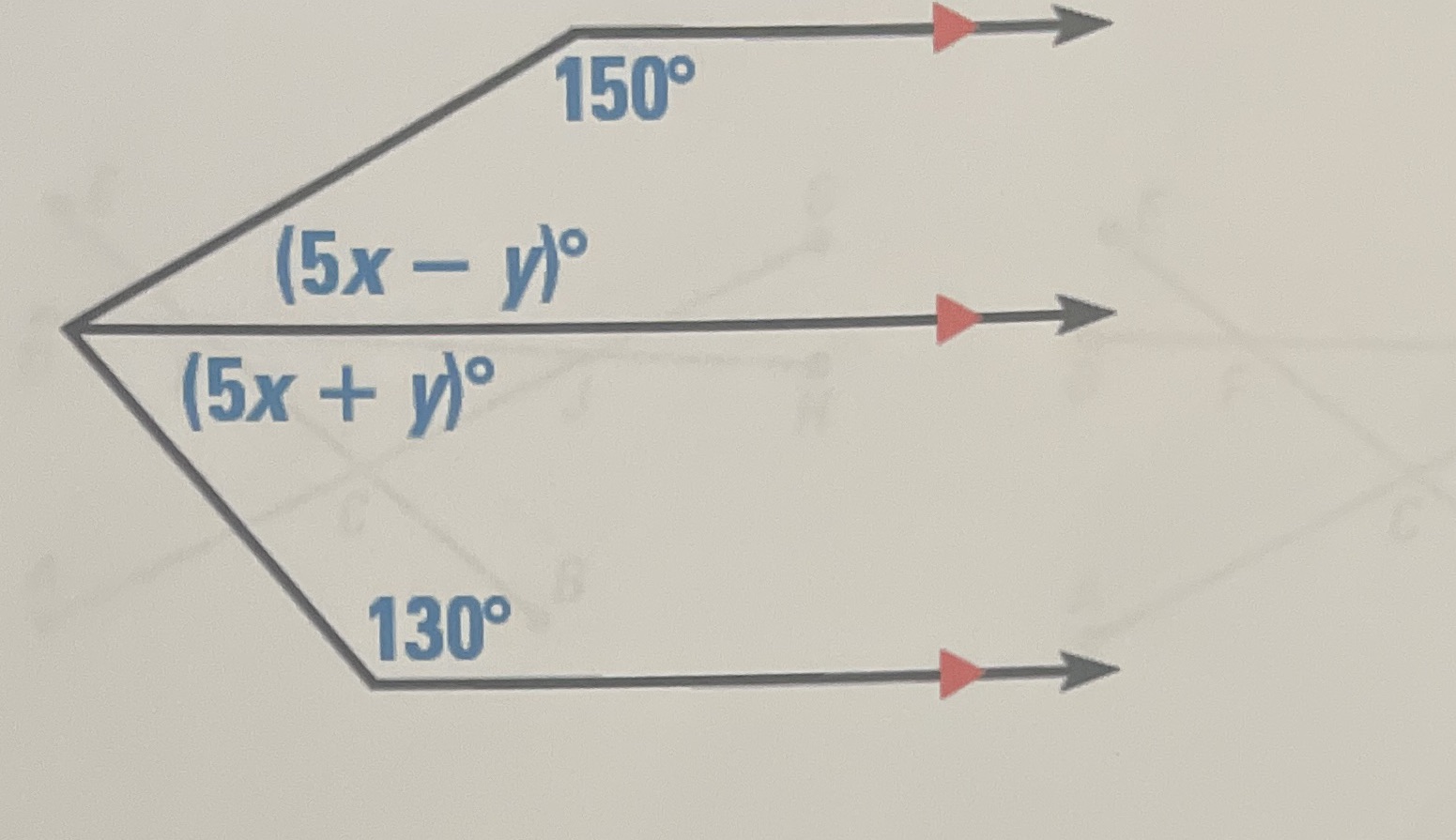 Find the values of x and y 150 (5x - y)o (5x +