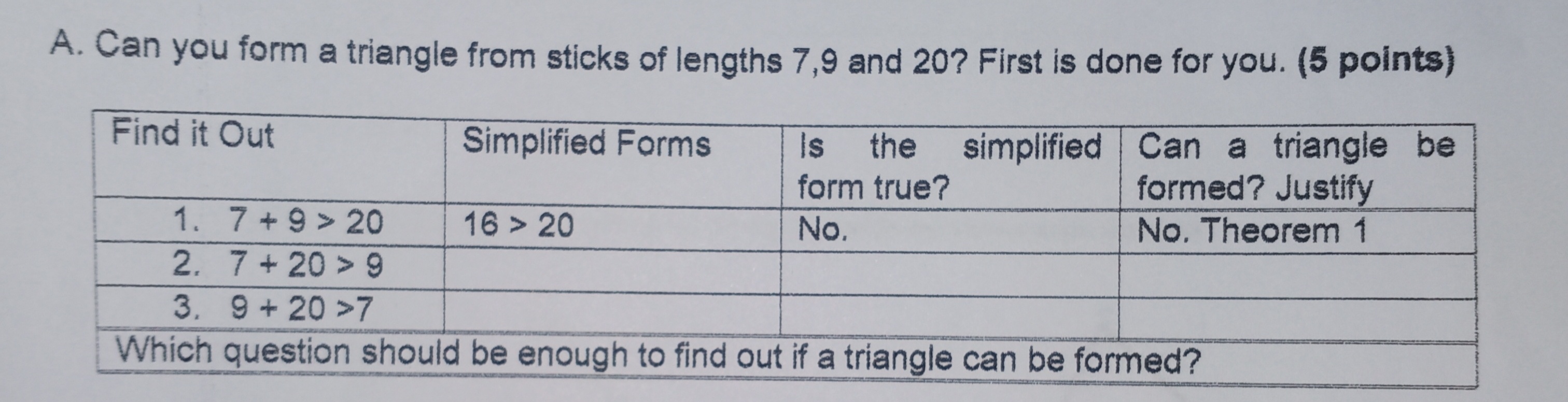 Can you form a triangle from sticks of lengths