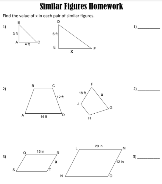 Similar Figures Homework Find the value of x in