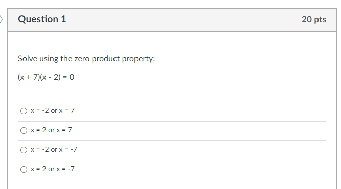Question 1 20 pts Solve using the zero product