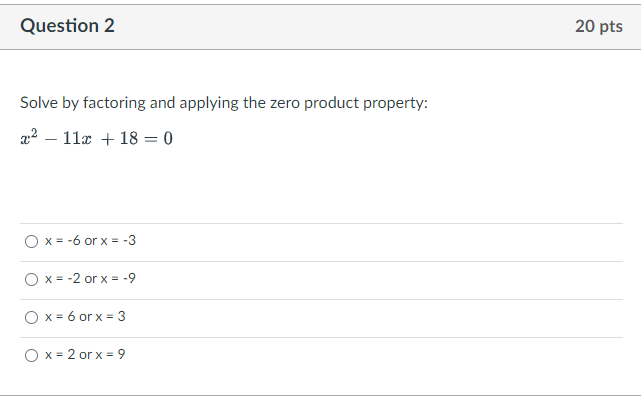 Question 1 20 pts Solve using the zero product