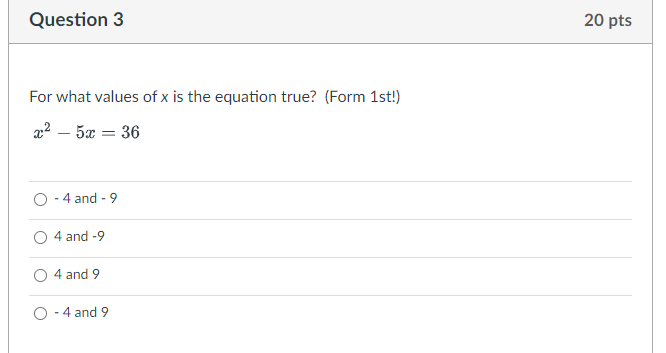 Question 1 20 pts Solve using the zero product