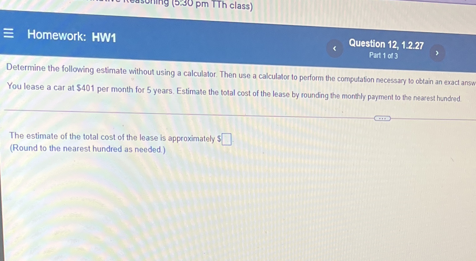 boning (5:30 pm Th class) E Homework: HW1