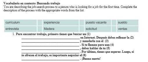 Vocabulario en contexto: Buscando trabajo You are
