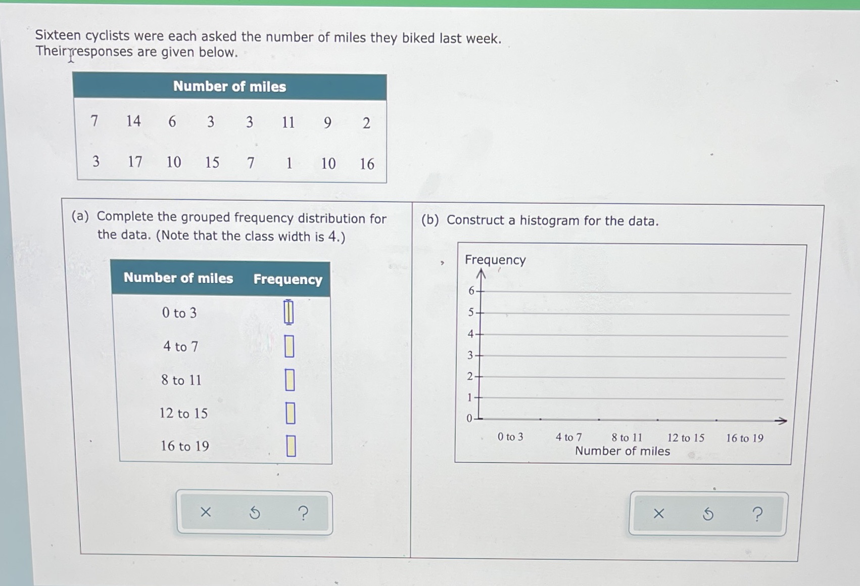 Sixteen cyclists were each asked the number of