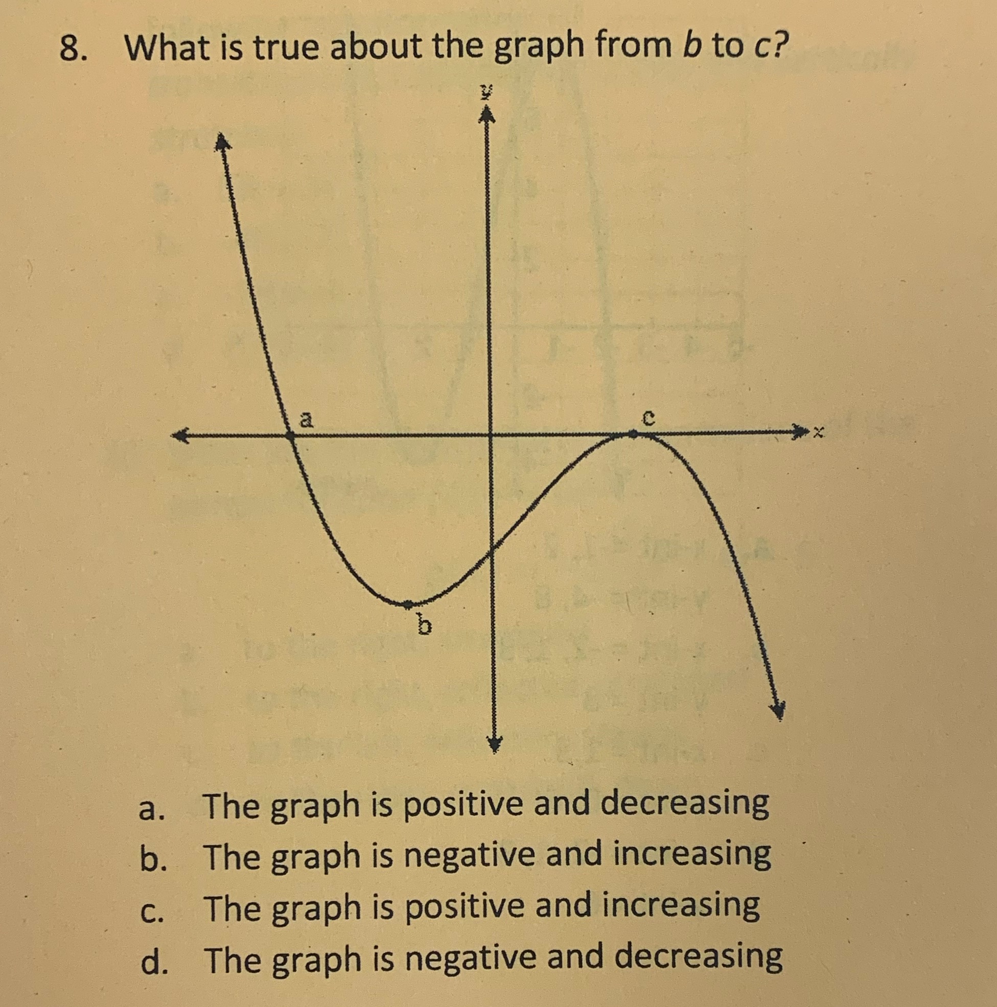 8. What is true about the graph from b to c? X b