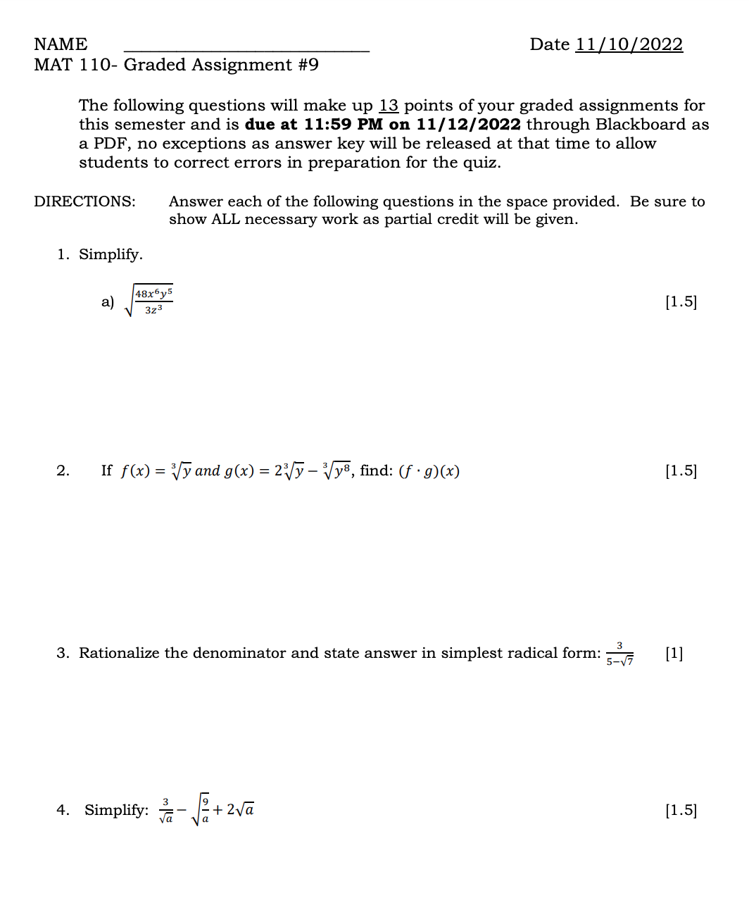 NAME Date 11(10[2022 MAT 110- Graded Assignment