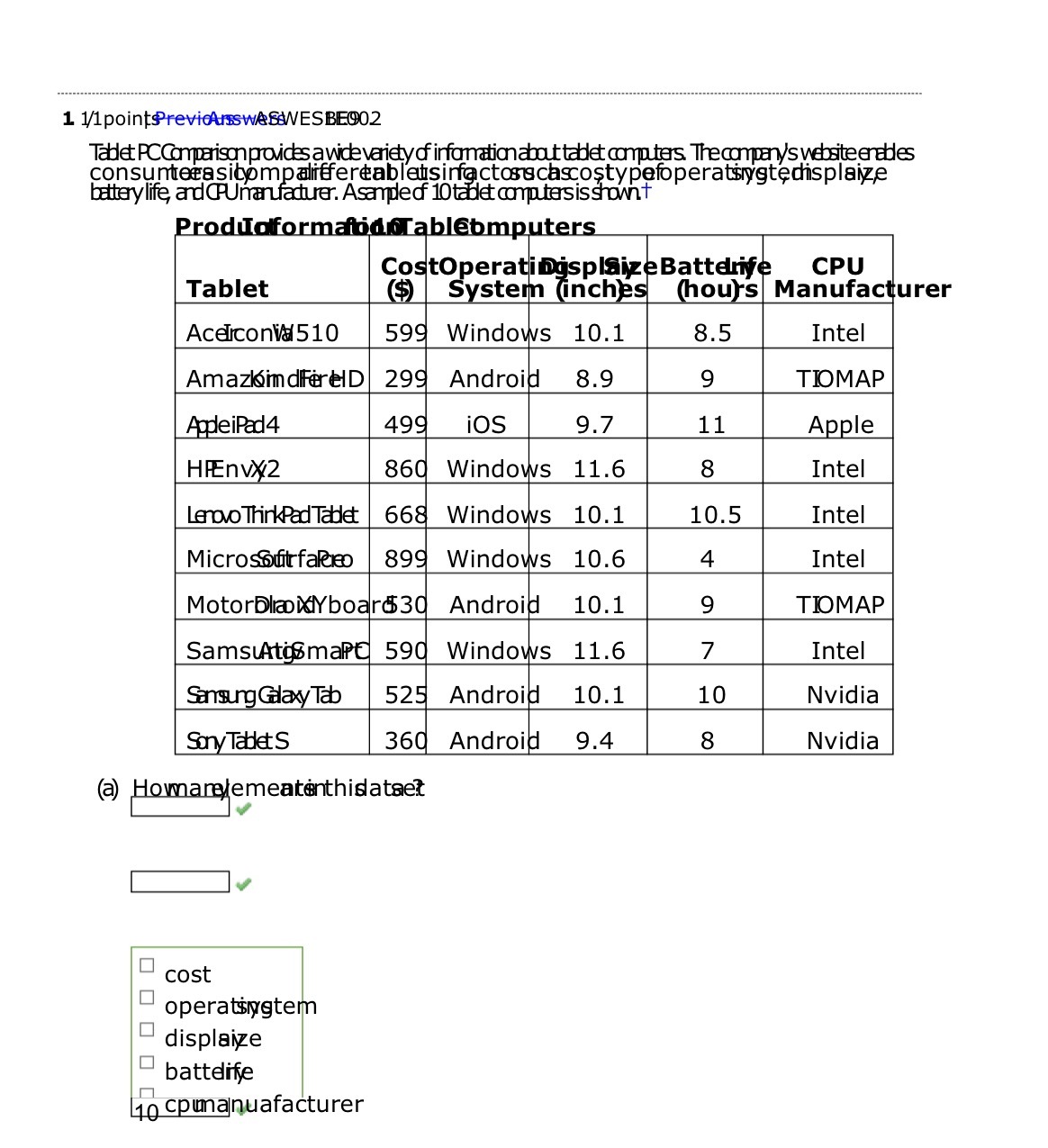 1 1/1pointPrevicanswesWESBE902 Tablet