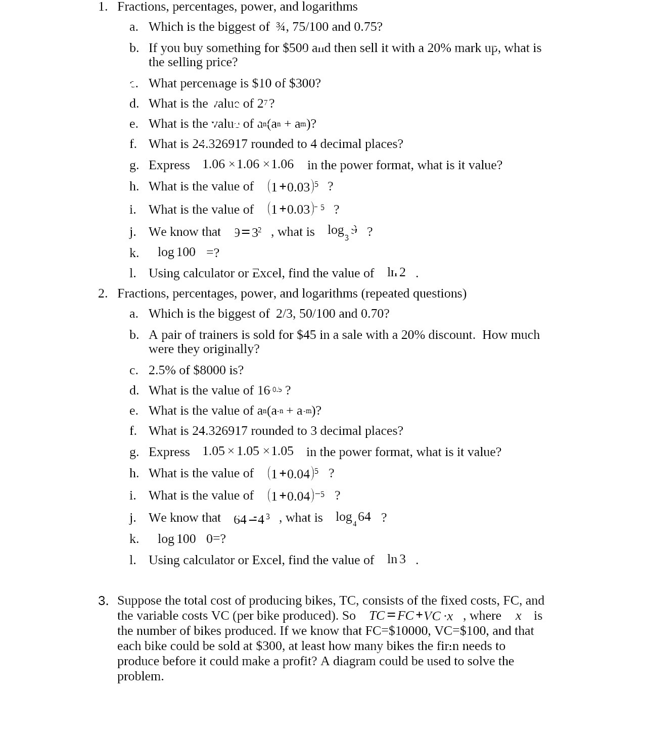 1. Fractions, percentages, power, and logarithms