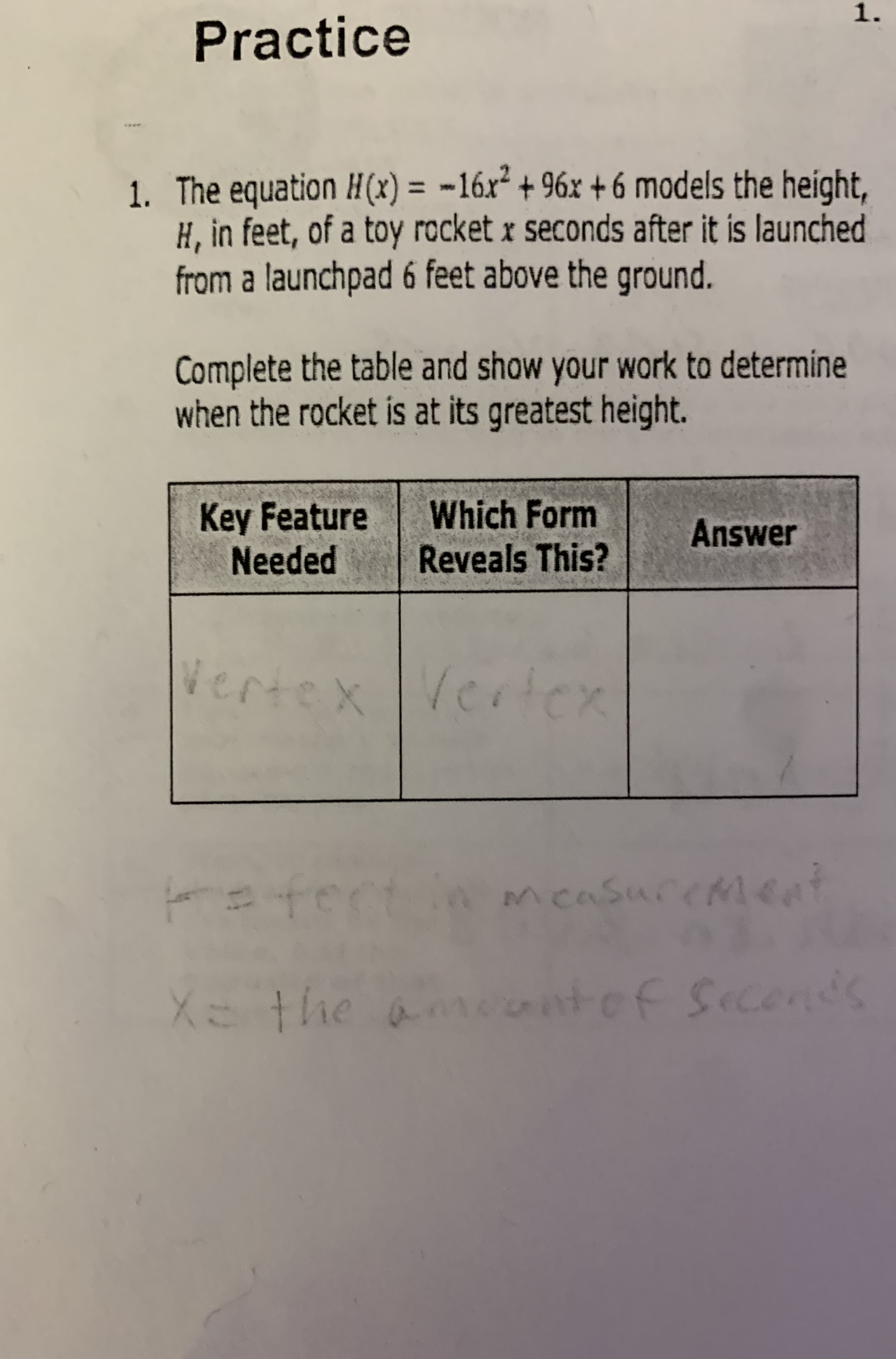 Practice 1. . ... 1. The equation H(x) = -16x2 +