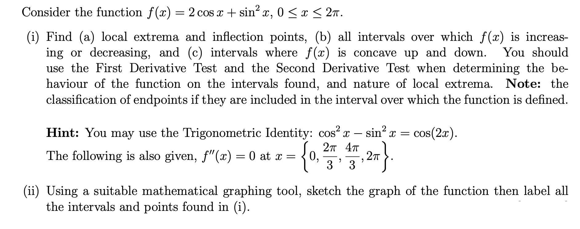 Consider the function f (x) = 2 cos a: + sin2 x,