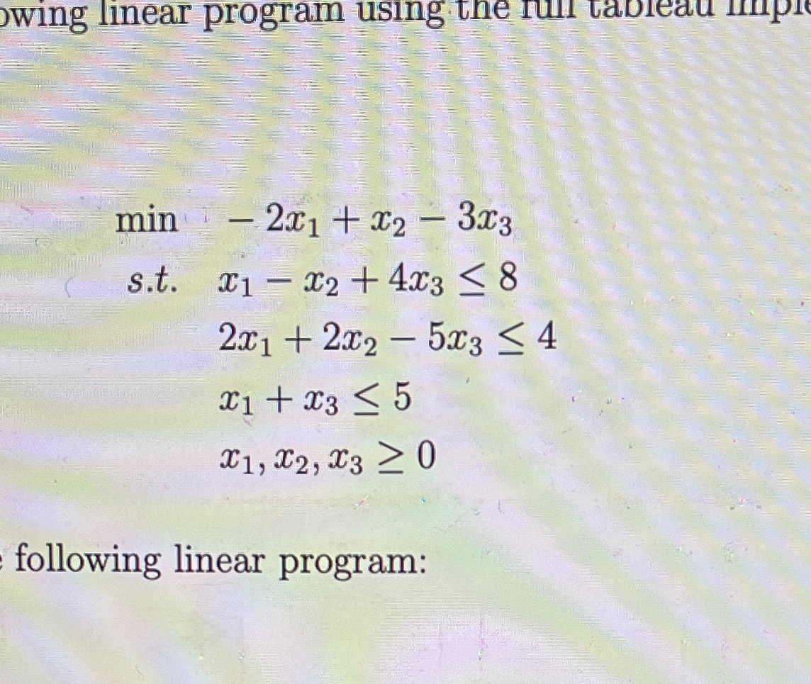 Solve the following linear program using the full