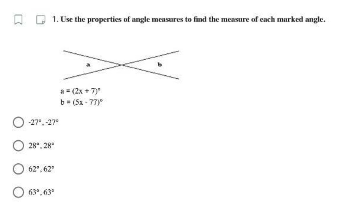 1. Use the properties of angle measures to find
