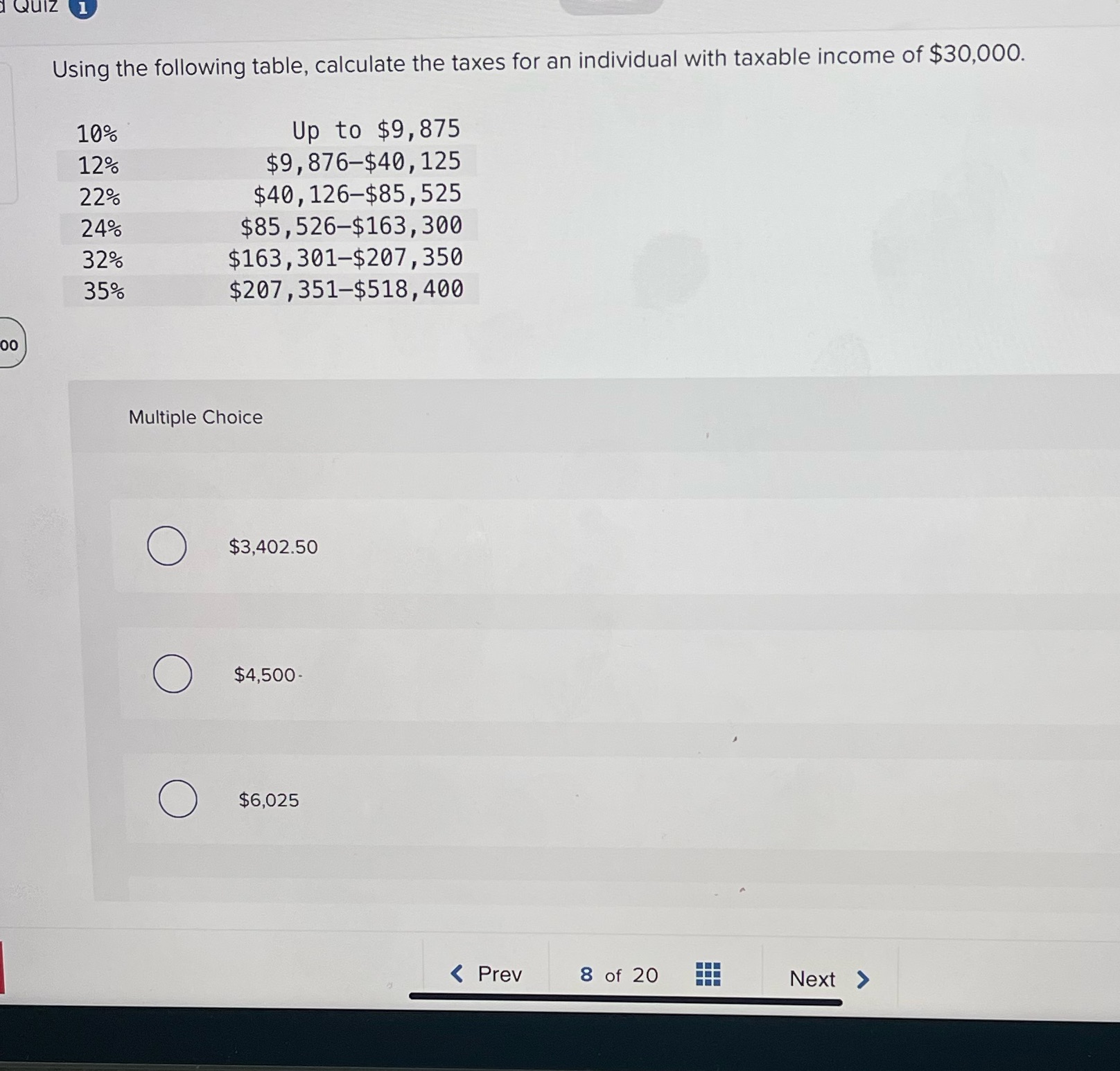Using the following table, calculate the taxes