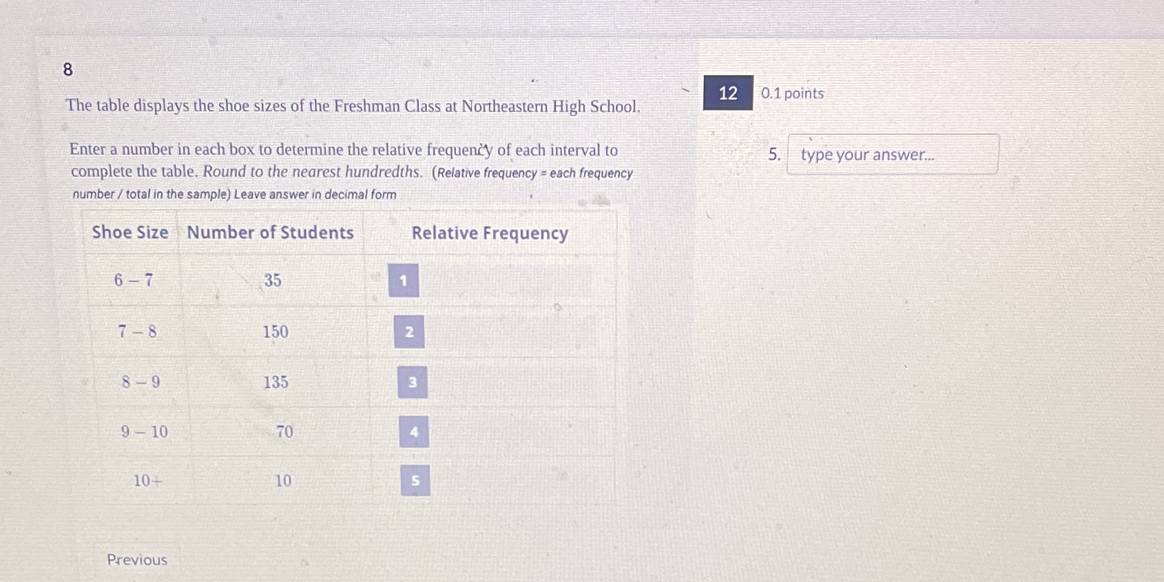 8 12 0.1 points The table displays the shoe sizes