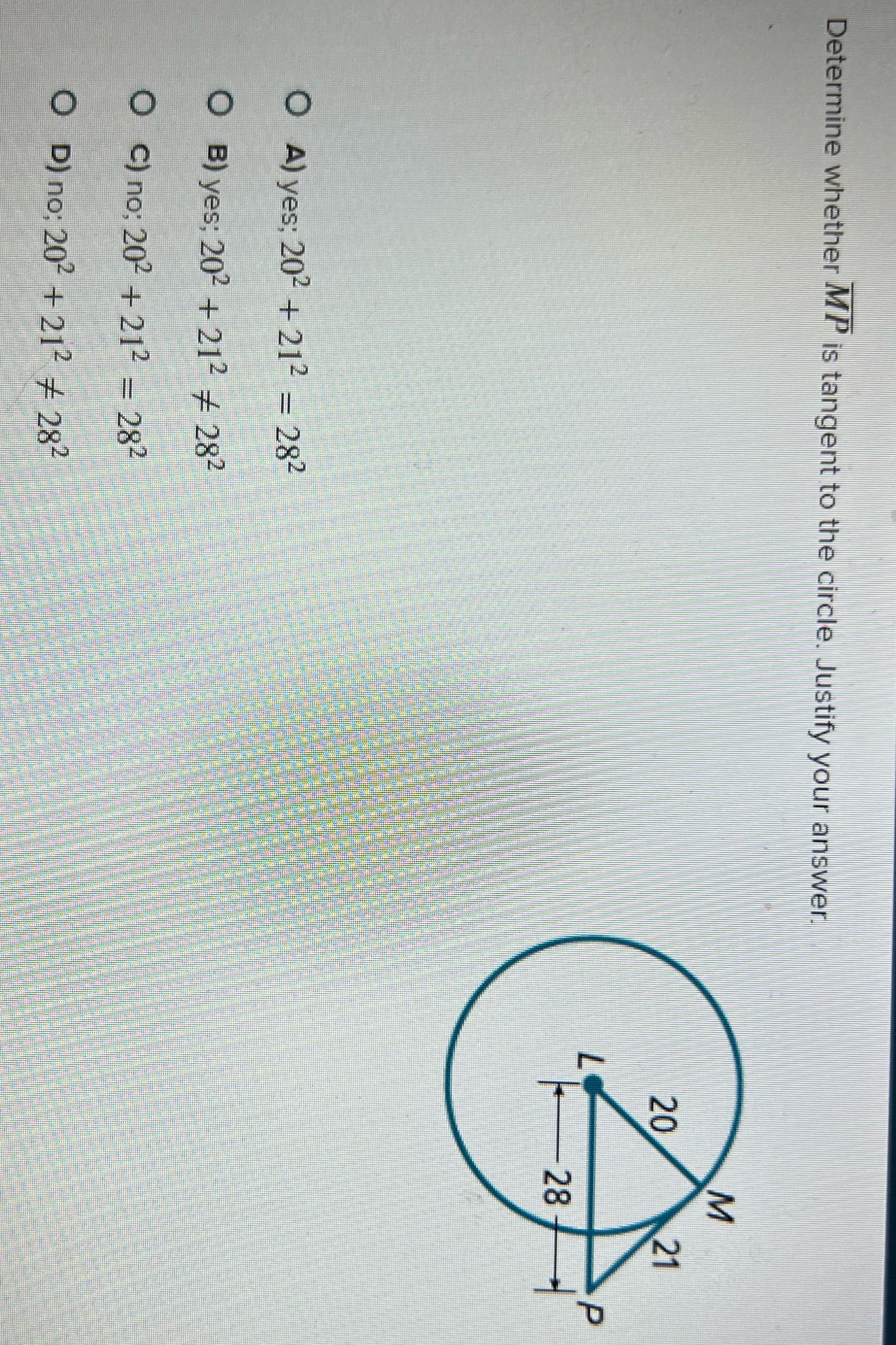 Determine whether MP is tangent to the circle.