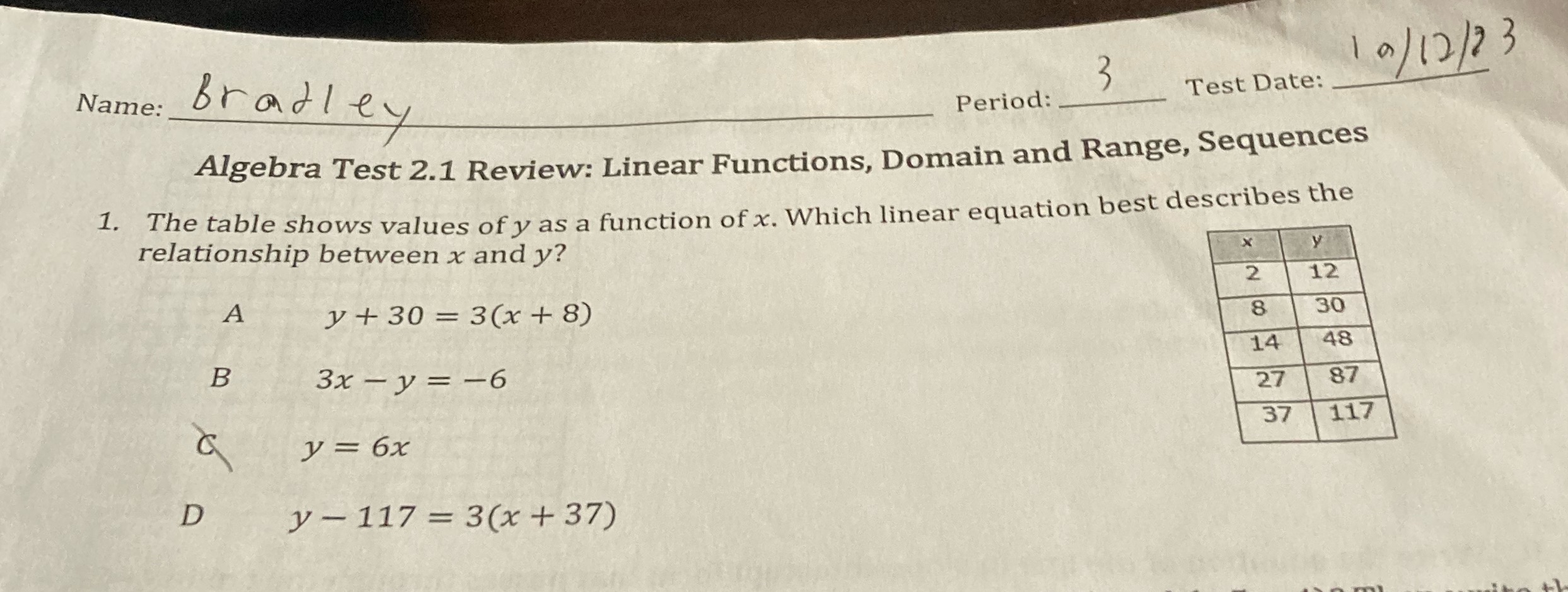 What is answer? Name: Bradley 1 0/ 12 /2 3