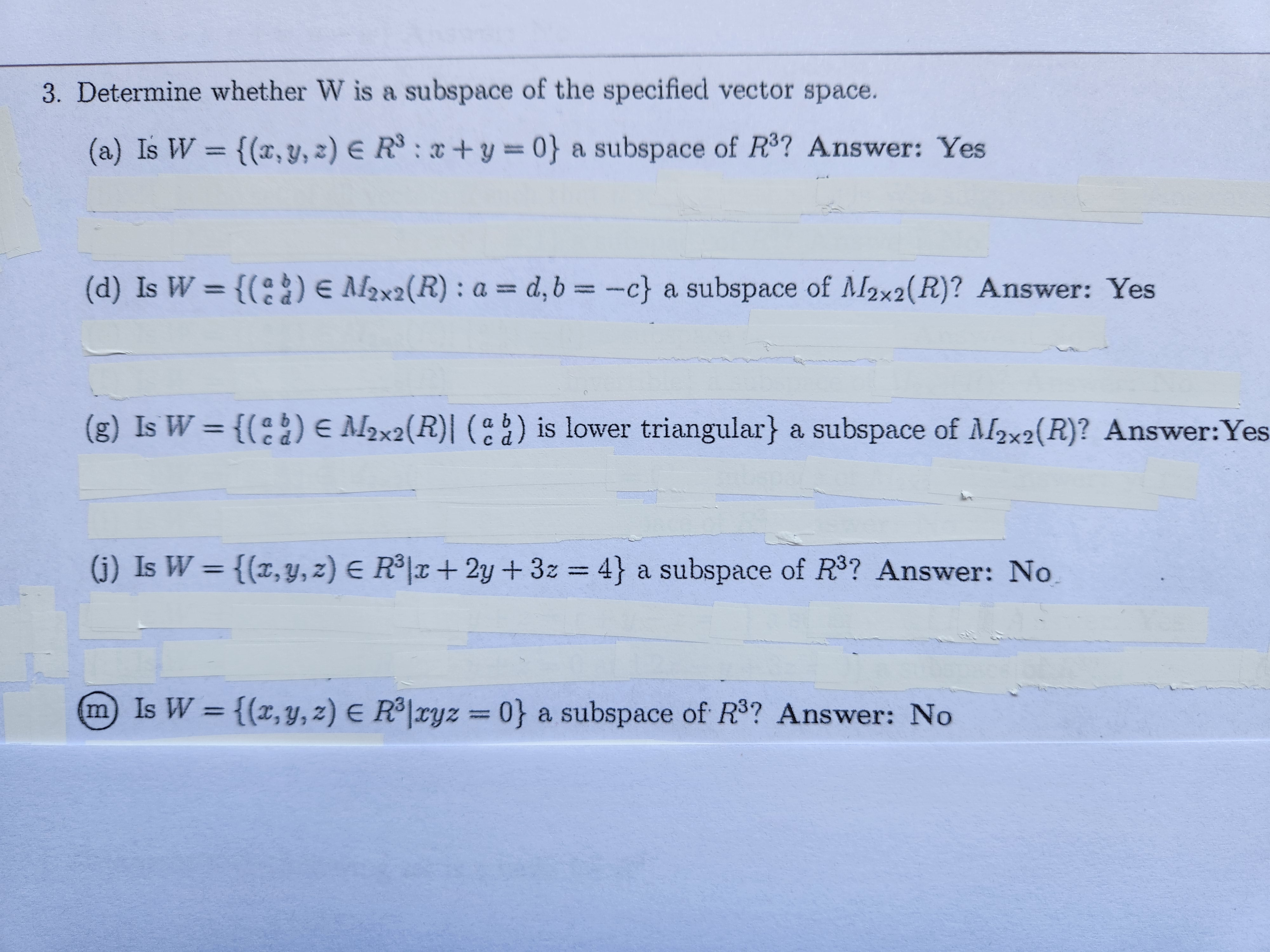3. Determine whether W is a subspace of the