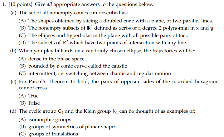 1. [1D points] Give all appropriate answers to
