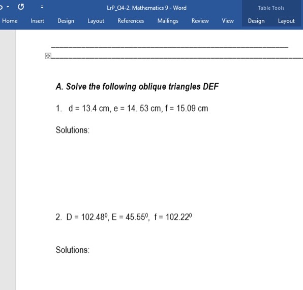 Please help LrP_Q4-2. Mathematics 9 - Word Table
