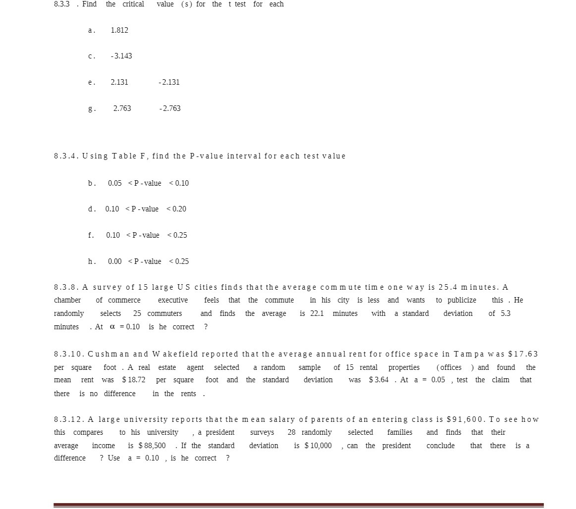 8.3.3 .Find the critical value (5) for the t test