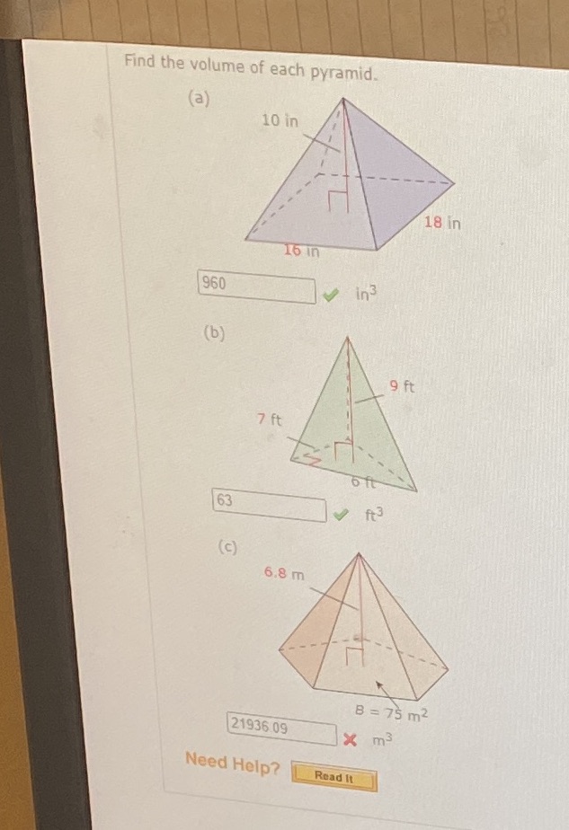 Find the volume of each pyramid. (a) 10 in 18 in