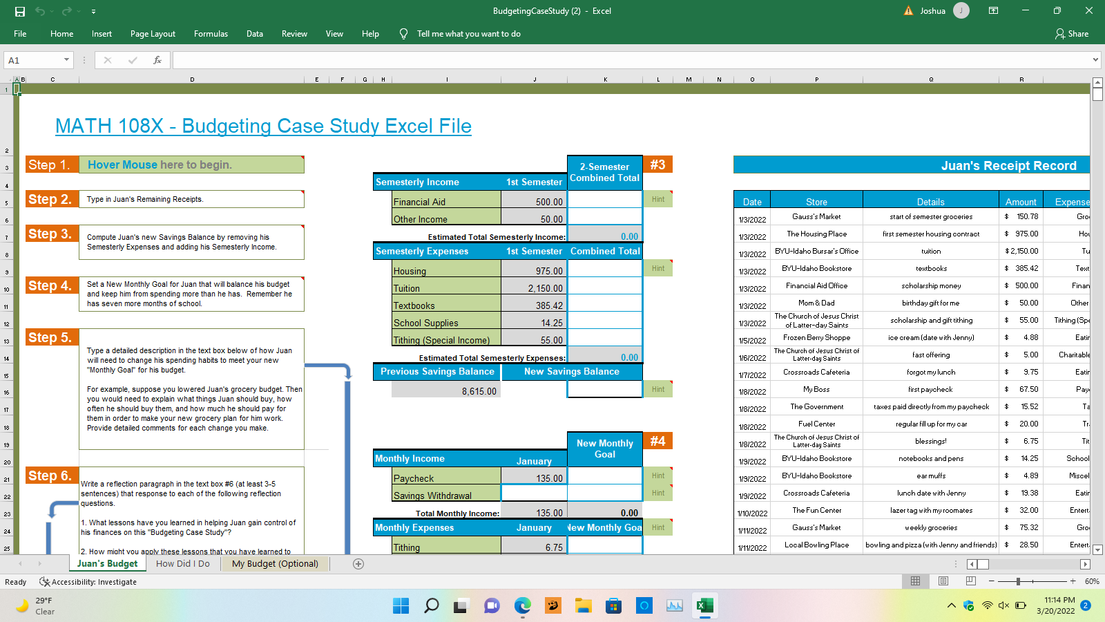 BudgetingCaseStudy (2) - Excel A Joshua X Page