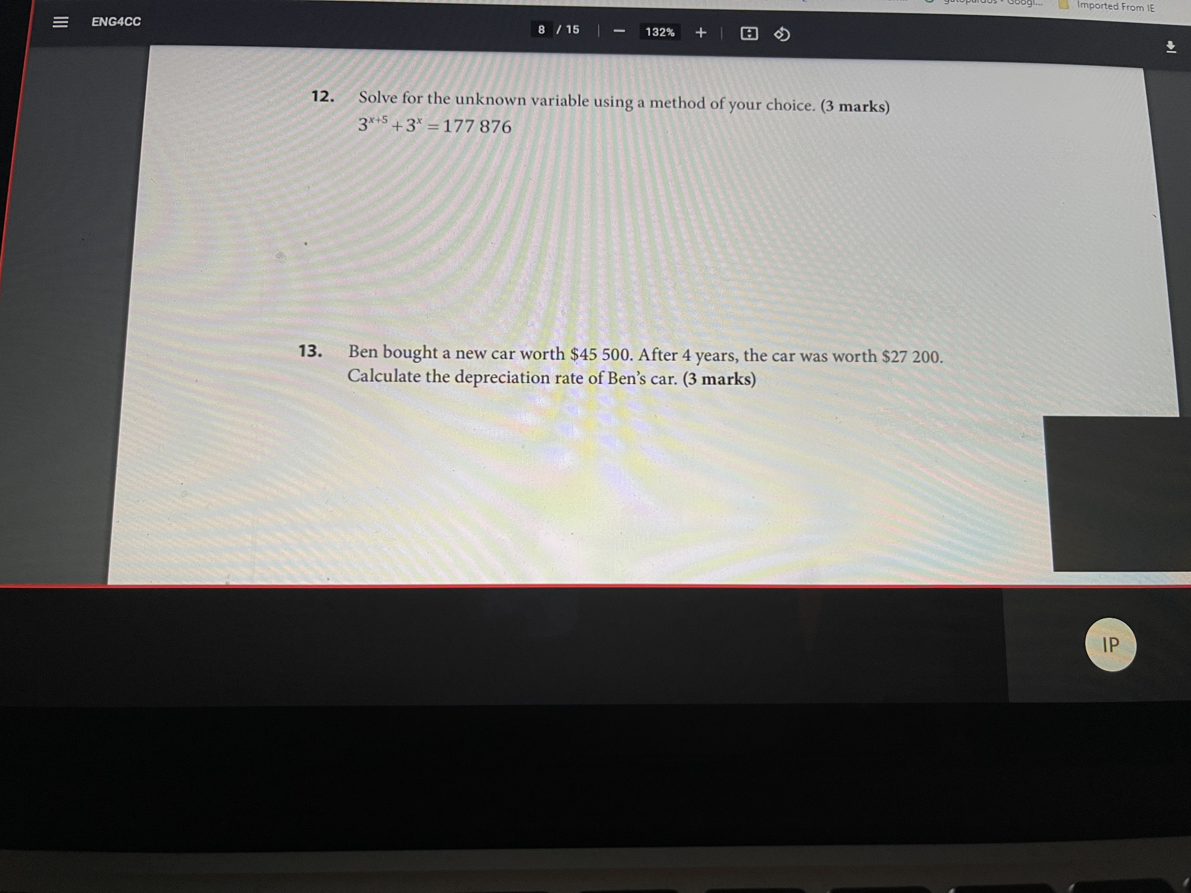 Imported From IE ENG4CC 8 / 15 132% + 12. Solve