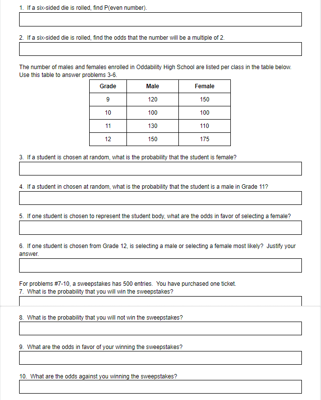 1. If a six-sided die is rolled, find P(even