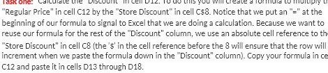 Task one. "Regular Price" in cell C12 by the