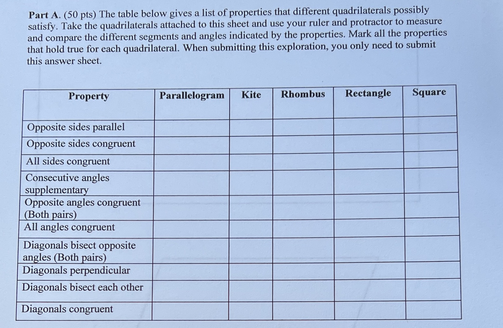 True or false Part A. (50 pts) The table below