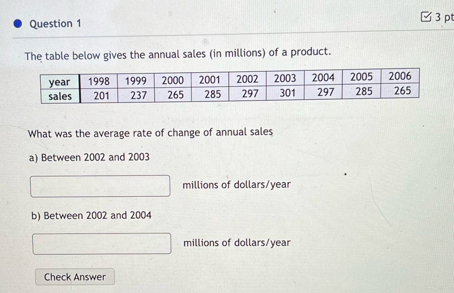 . Question 1 3 p The table below gives the annual