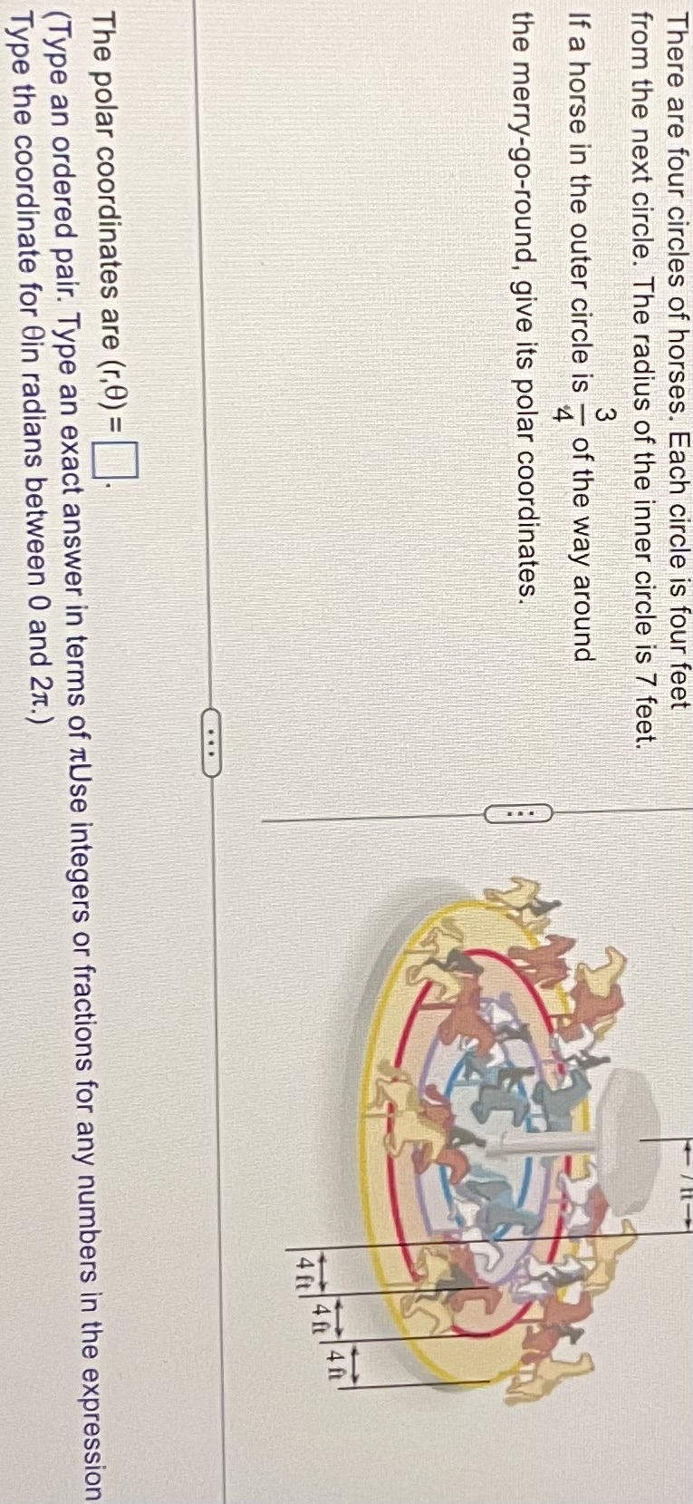 There are four circles of horses. Each circle is