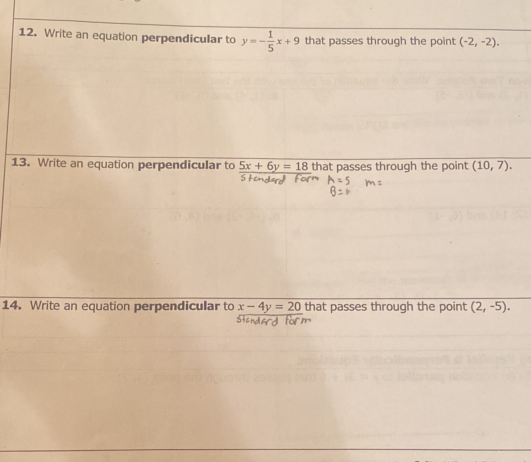 12. Write an equation perpendicular to y = 5 x +