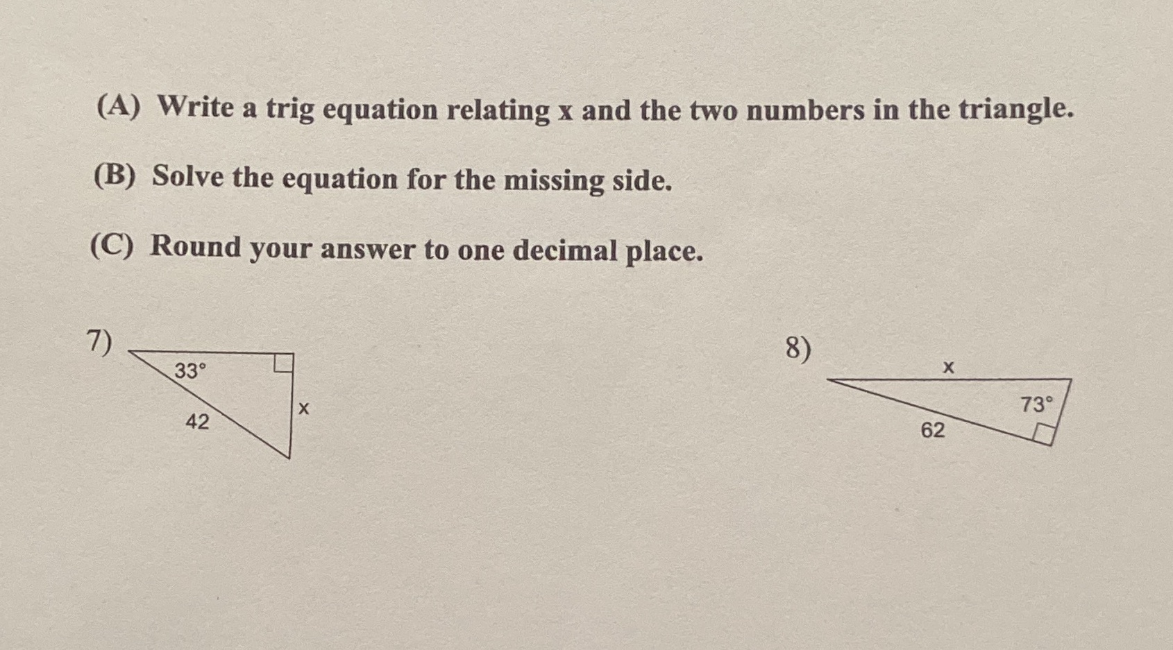 (A) Write a trig equation relating x and the two