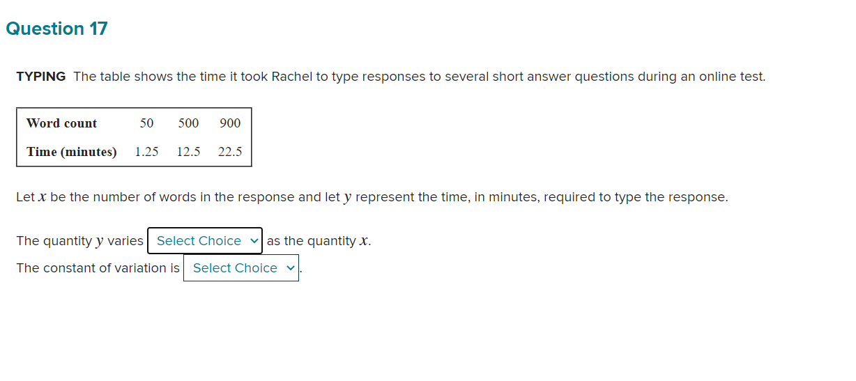 Question 17 TYPING The table shows the time it