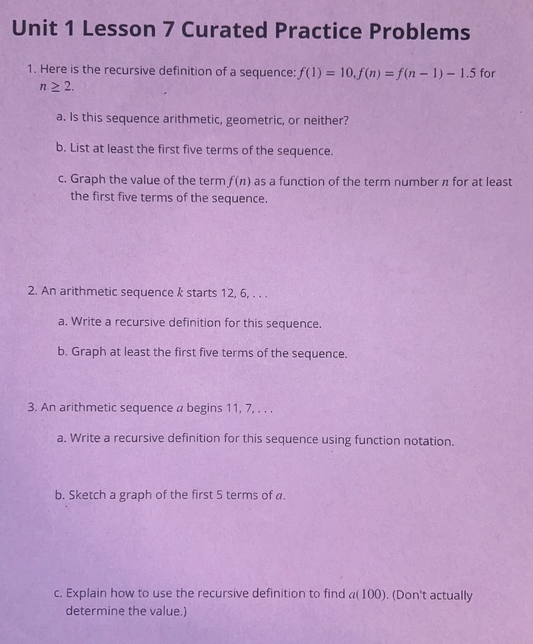 Please show work, Thank you ! Unit 1 Lesson 7
