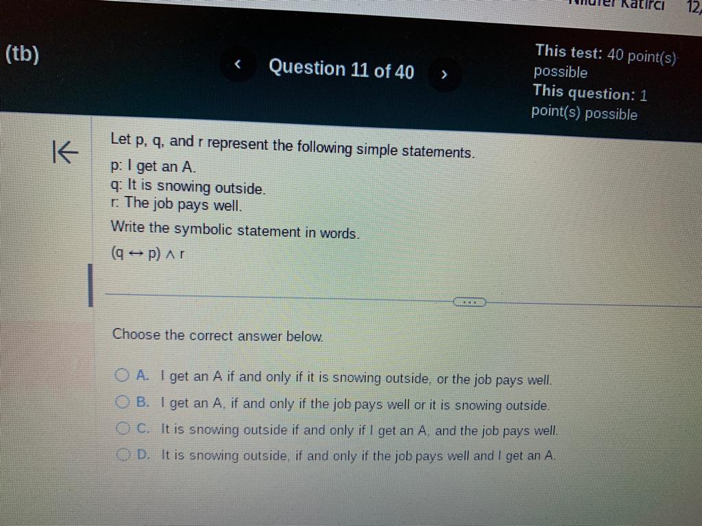 Kacirci 12 This test: 40 point(s) (tb) < Question