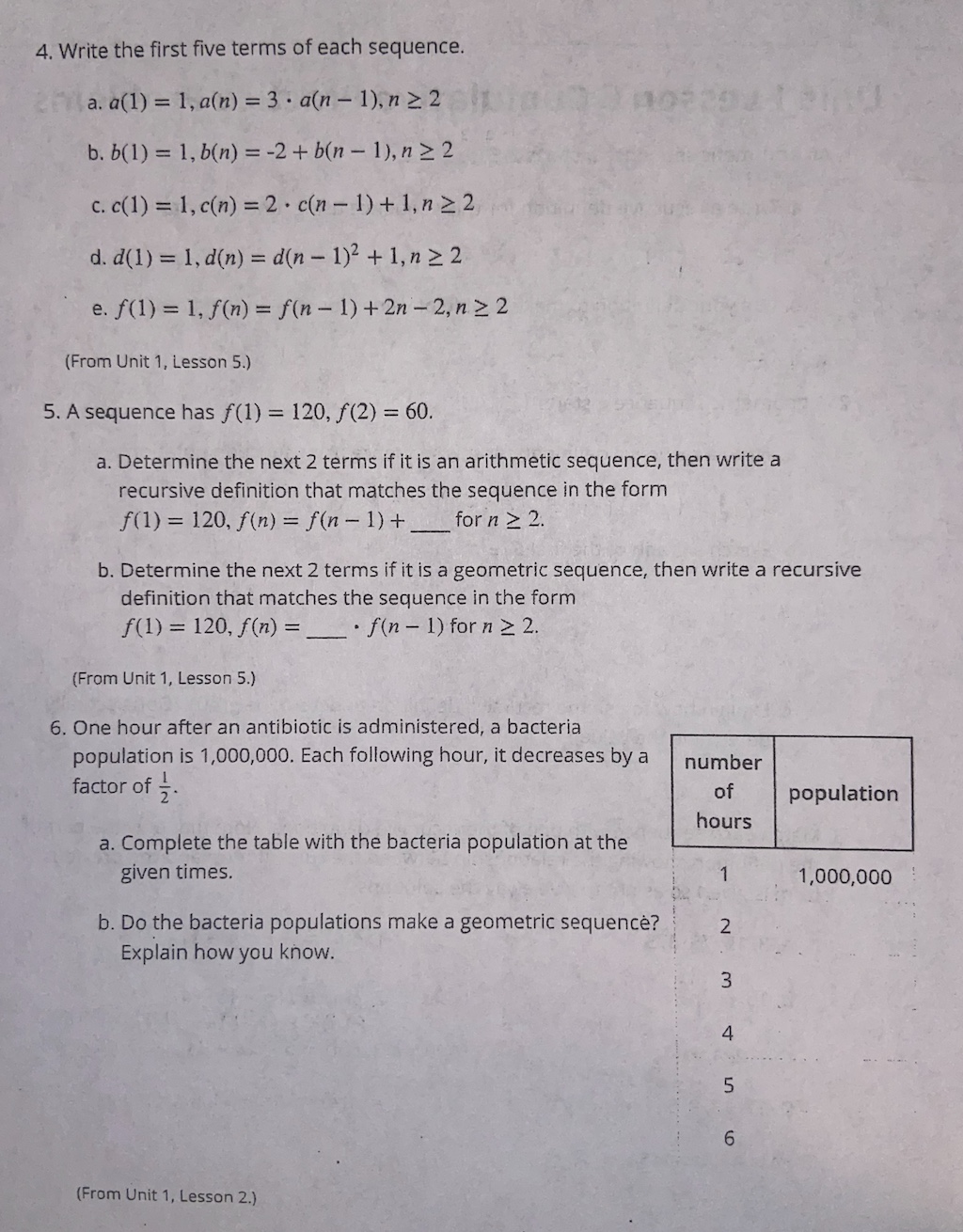 Please show work, Thank you ! Unit 1 Lesson 7