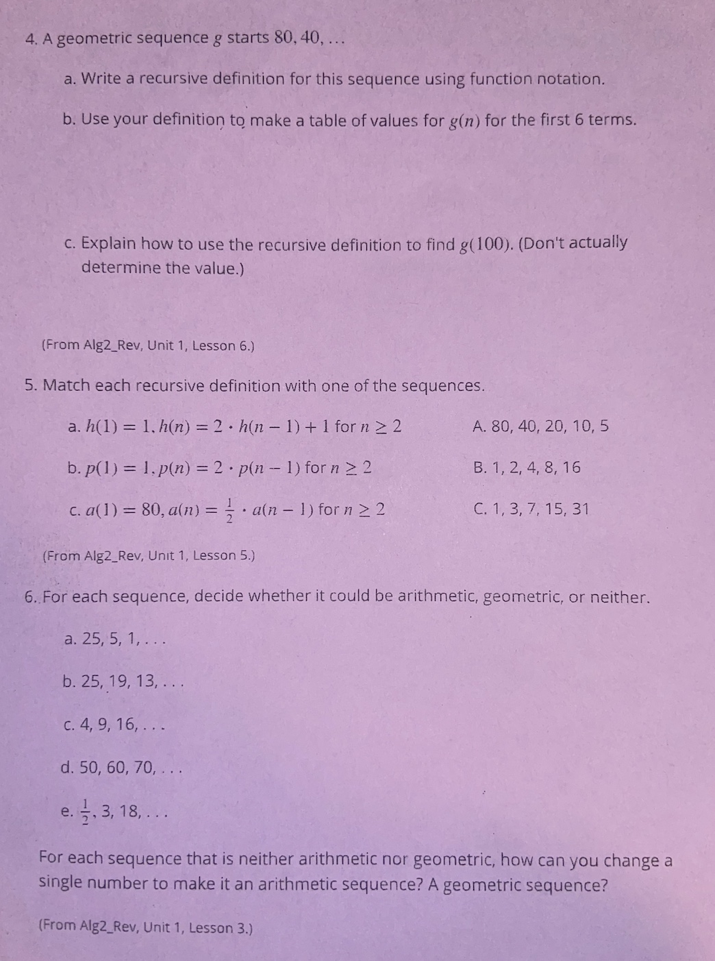 Please show work, Thank you ! Unit 1 Lesson 7