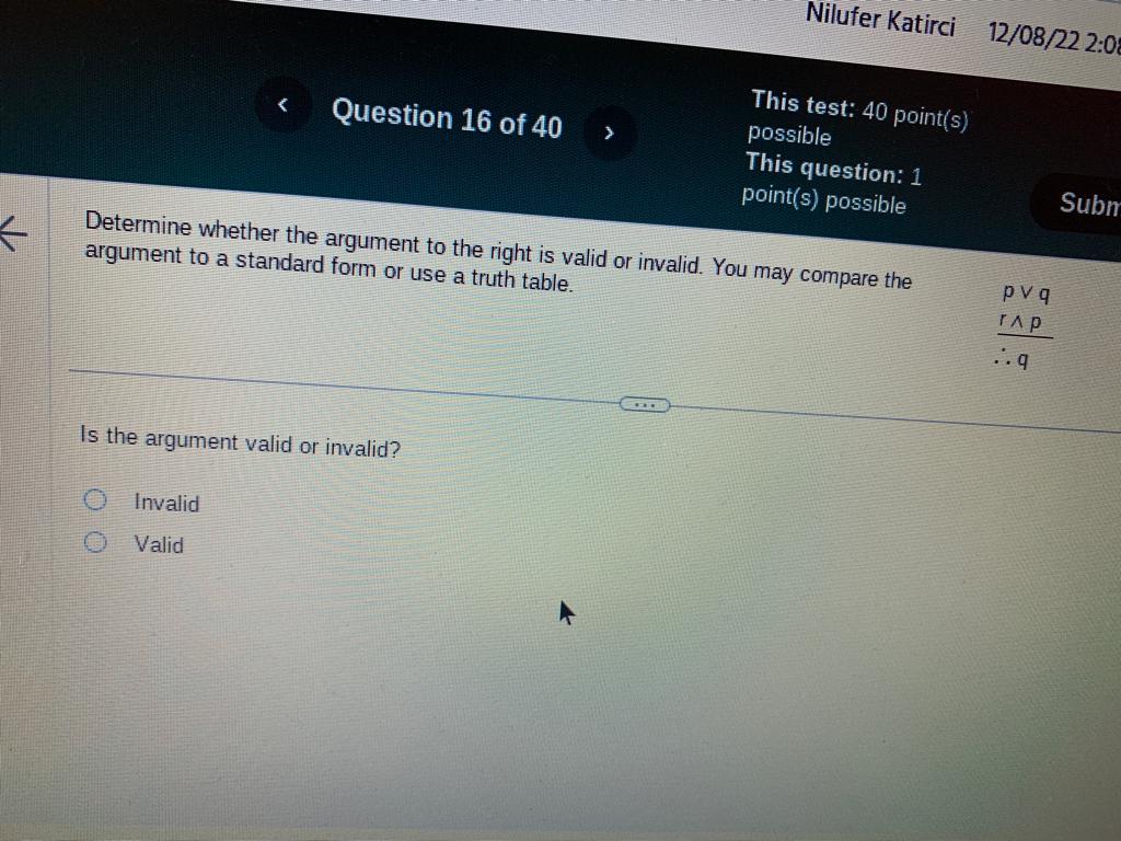 Kacirci 12 This test: 40 point(s) (tb) < Question