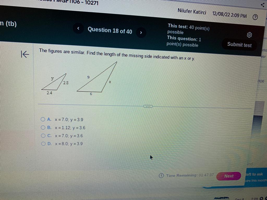 Kacirci 12 This test: 40 point(s) (tb) < Question