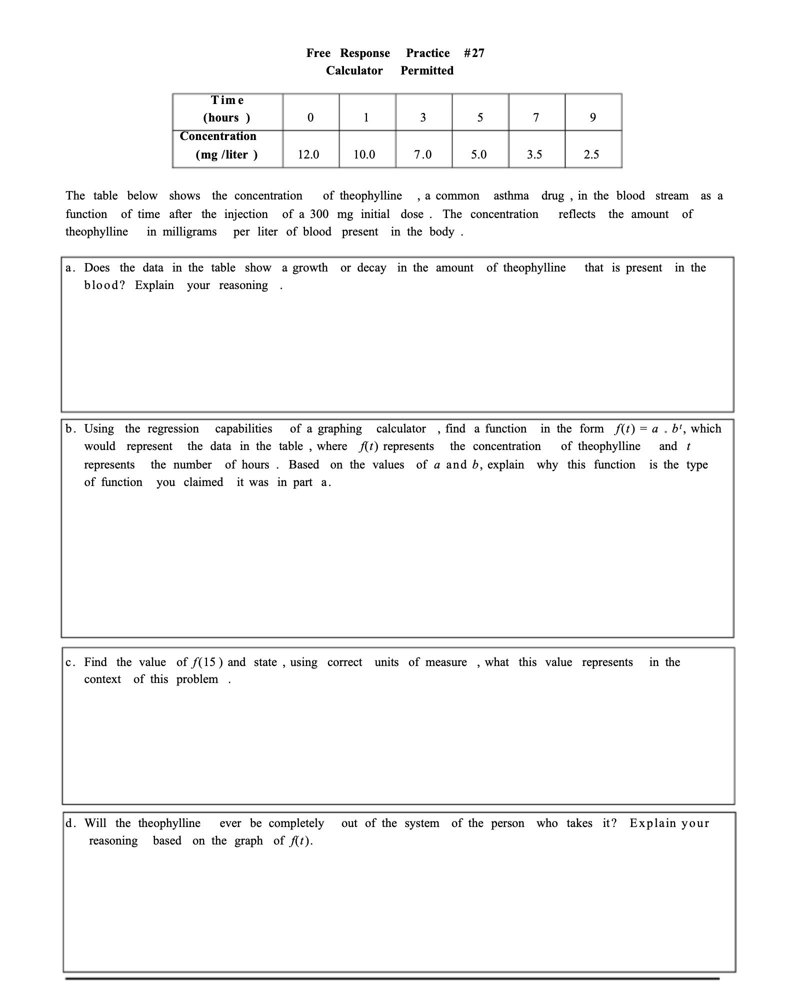Free Response Practice #27 Calculator Permitted