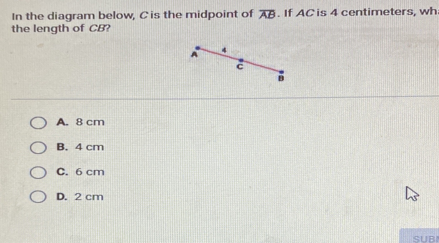 In the diagram below, C is the midpoint of AB. If
