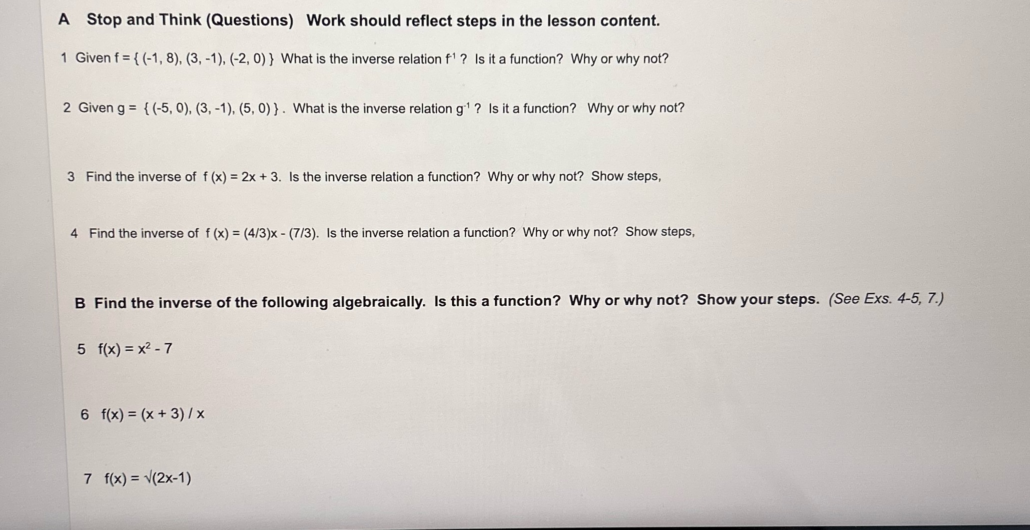 Please answer 1-7 and show work A Stop and Think