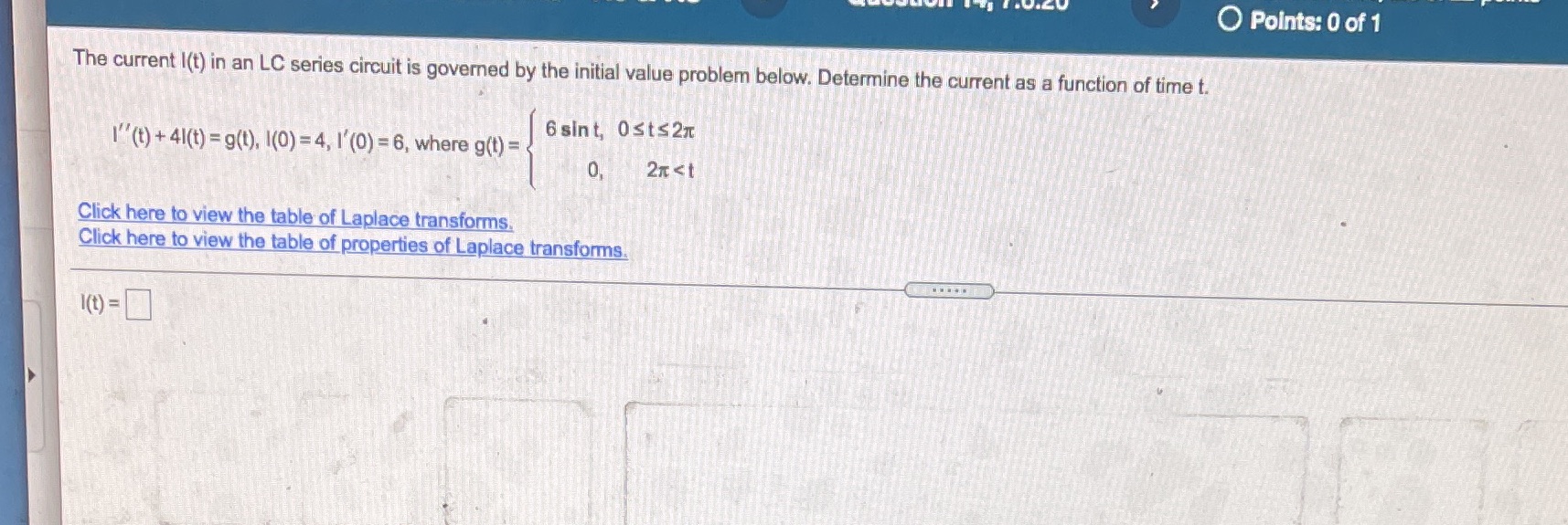 O Points: 0 of 1 The current I(t) in an LC series