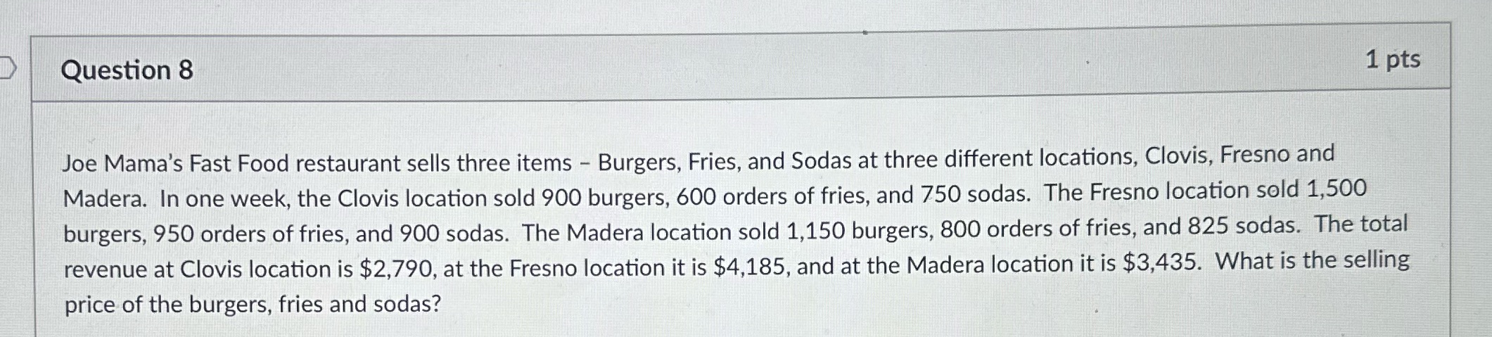 Question 8 Question 8 1 pts Joe Mama's Fast