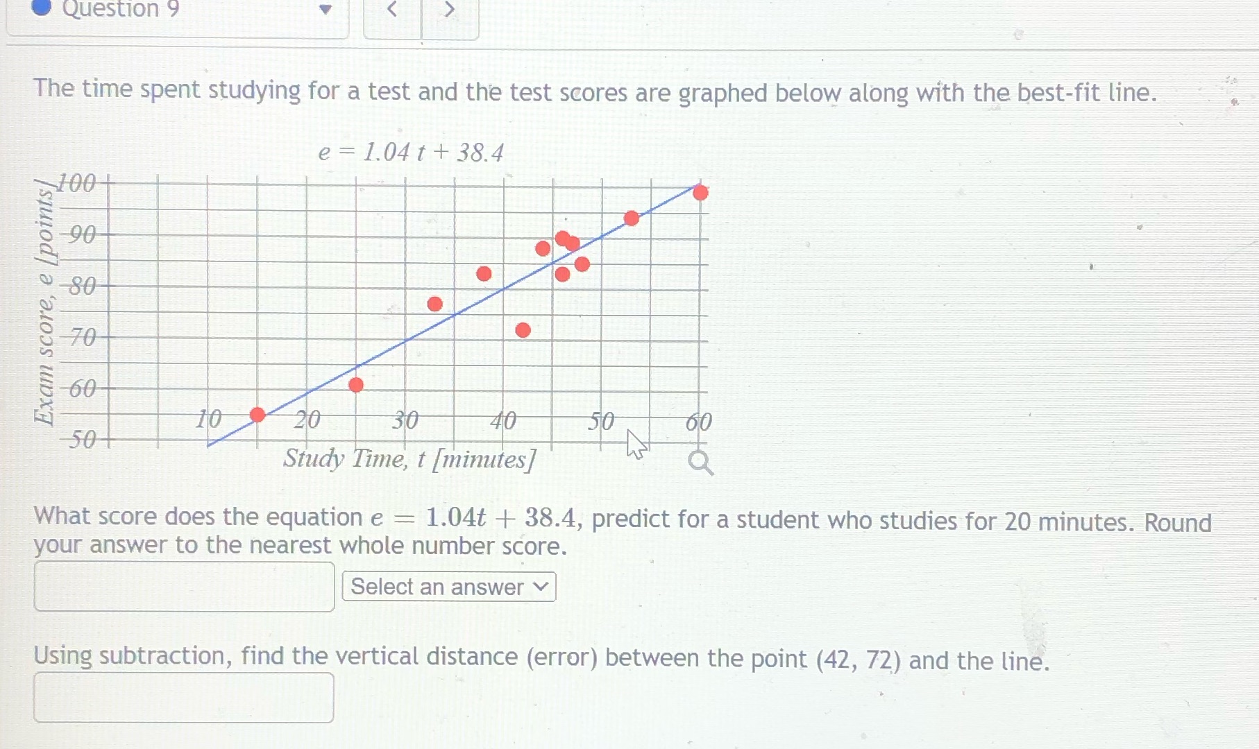 Question 9 The time spent studying for a test and